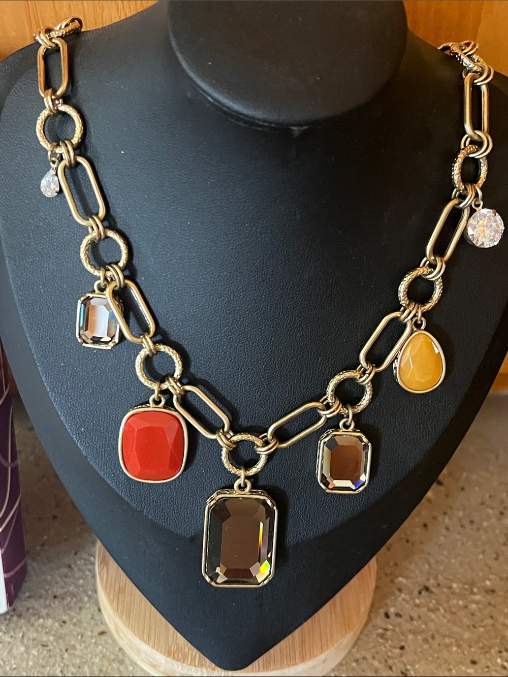 Lia Sophia Gold-Tone Necklace with Red, Yellow and Smoky Stones